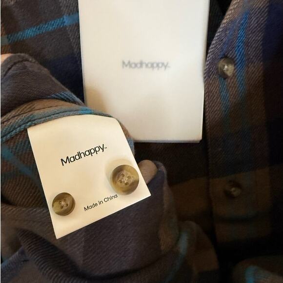 Madhappy Flannel Shirt Plaid Wool Brown Blue Cabincore Oversized Size M or L - Picture 6 of 12